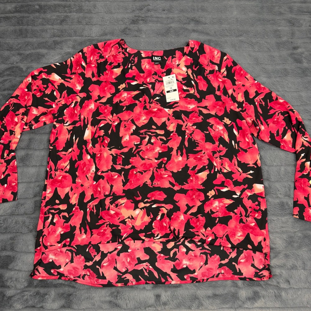 INC International Concepts Painted Garden Floral Blouse Red Black 1X 100215428WN